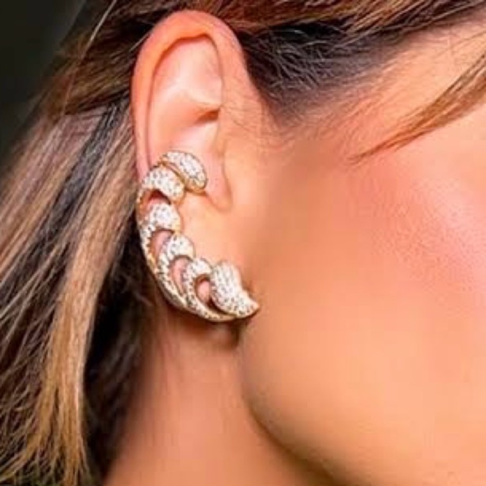Elegant Fully Iced Zircon Silver Ear Cuff Cubic Zirconia White Gold Plated
